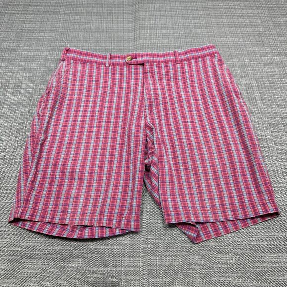 Peter Millar Shorts Mens 36 Pink Blue Seersucker‎ Textured Golf Casual Preppy - Picture 1 of 10